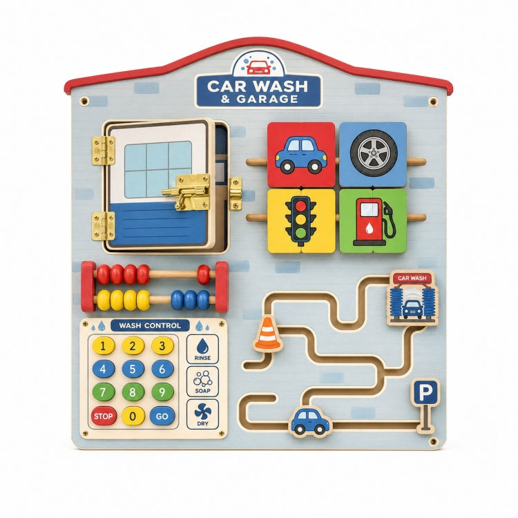 Wooden Car Wash Busy Board for Kids – Garage, Lock & Vehicle Maze Activity Toy