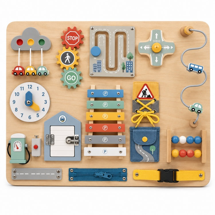 Wooden Transportation Busy Board for Kids – Traffic & Practical Life Fine Motor Activity Toy