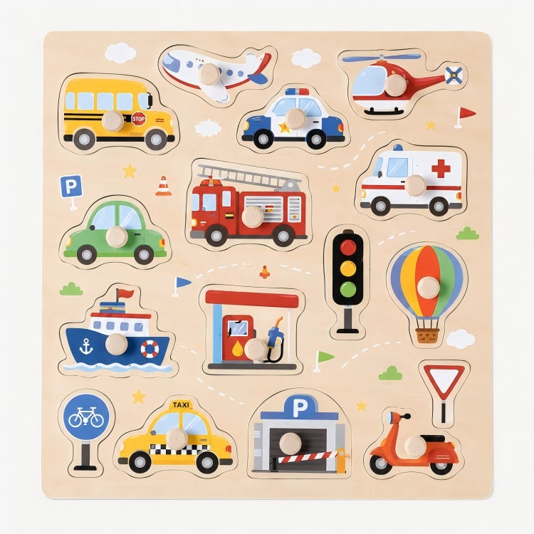 Wooden Vehicle Peg Puzzle for Toddlers – Transportation Knob Puzzle
