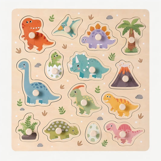 Wooden Dinosaur Peg Puzzle for Toddlers – Montessori Knob Puzzle