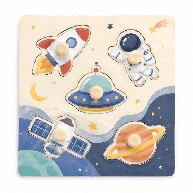 Wooden Space Peg Puzzle for Toddlers – Montessori Rocket & Astronaut Knob Puzzle