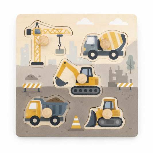 Wooden Construction Vehicle Peg Puzzle for Toddlers – Montessori Knob Puzzle Toy