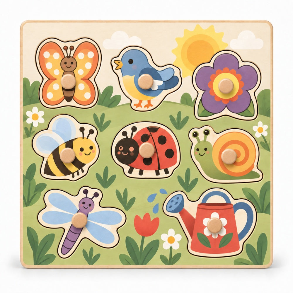 9-Piece Wooden Wild Animal Knob Puzzle – Educational Matching Toy