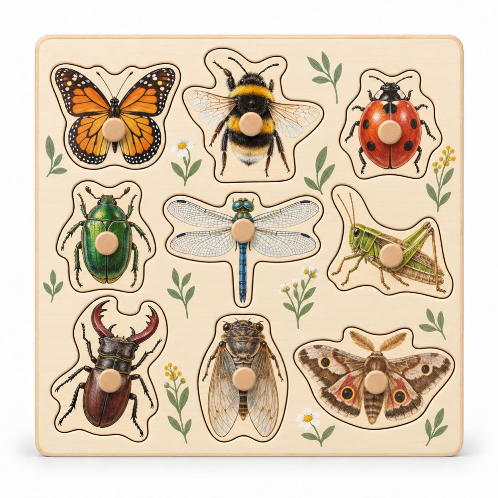 Wooden Garden Knob Puzzle for Toddlers – Nature & Insect Peg Puzzle Toy