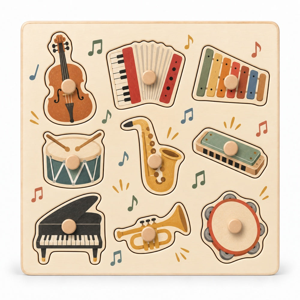 Wooden Musical Instrument Knob Puzzle for Toddlers – 9-Piece Music Peg Puzzle Toy