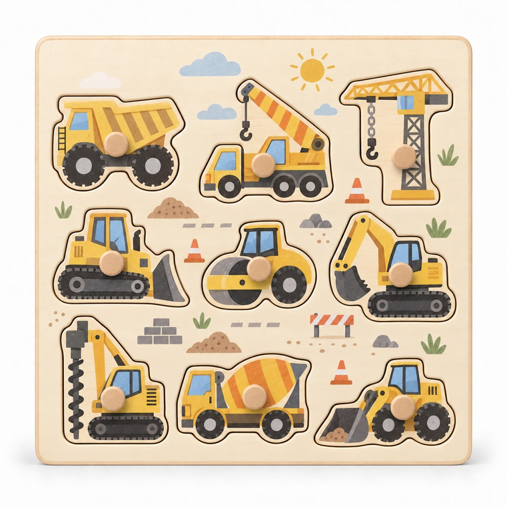 Wooden Construction Vehicle Knob Puzzle for Toddlers – 9-Piece Heavy Equipment Peg Puzzle