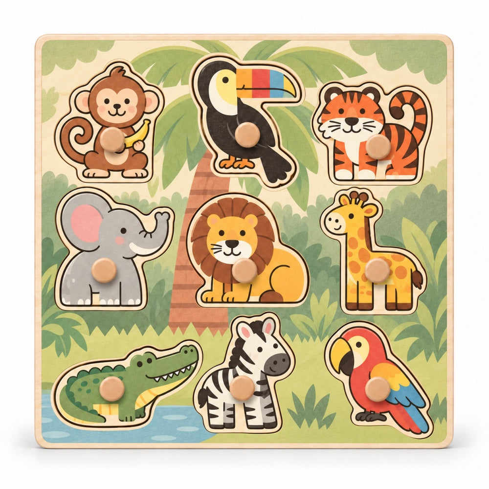 9-Piece Wooden Animal Knob Puzzle – Jungle Animal Matching Toy