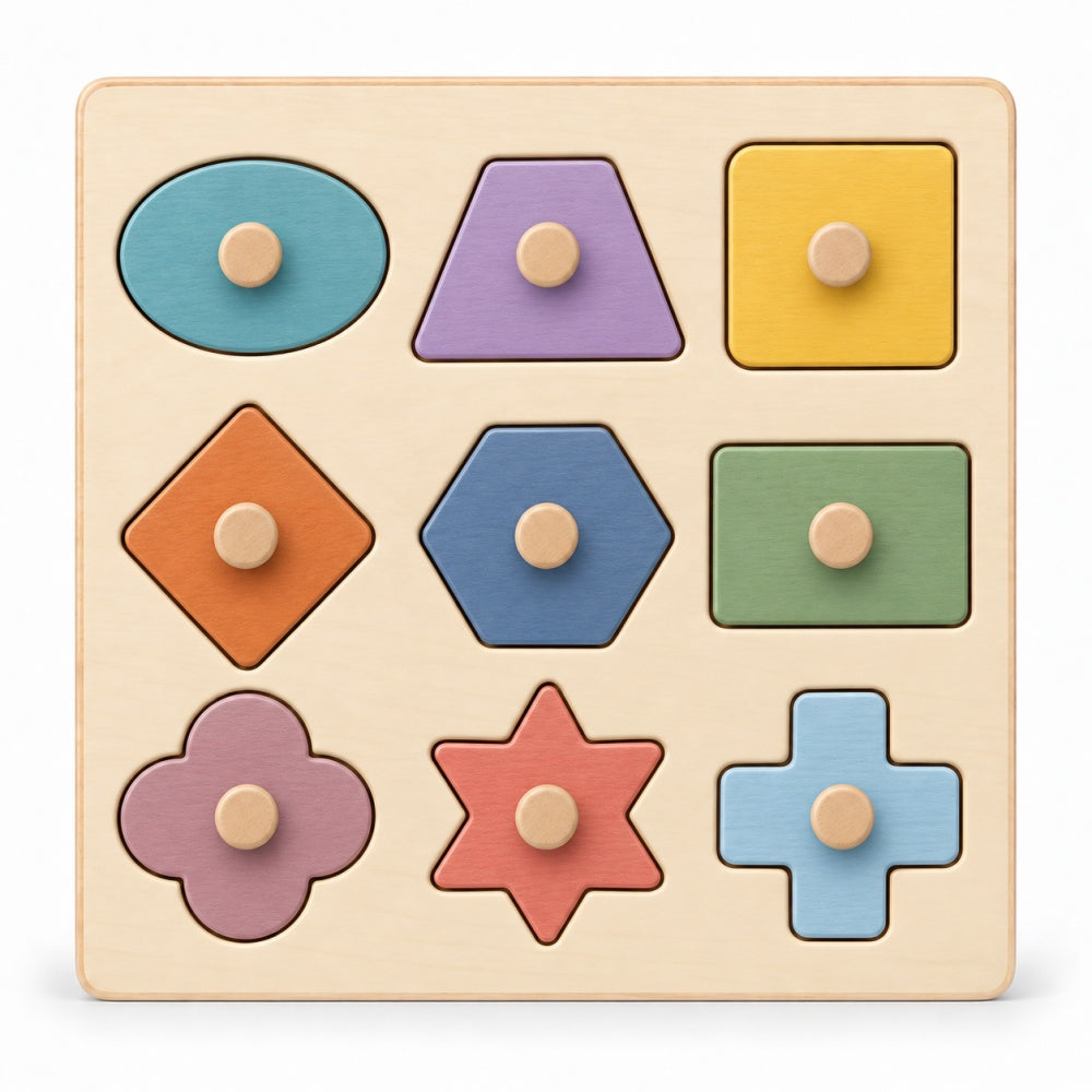 9-Piece Wooden Shape Knob Puzzle – Geometric Shape & Color Matching Toy
