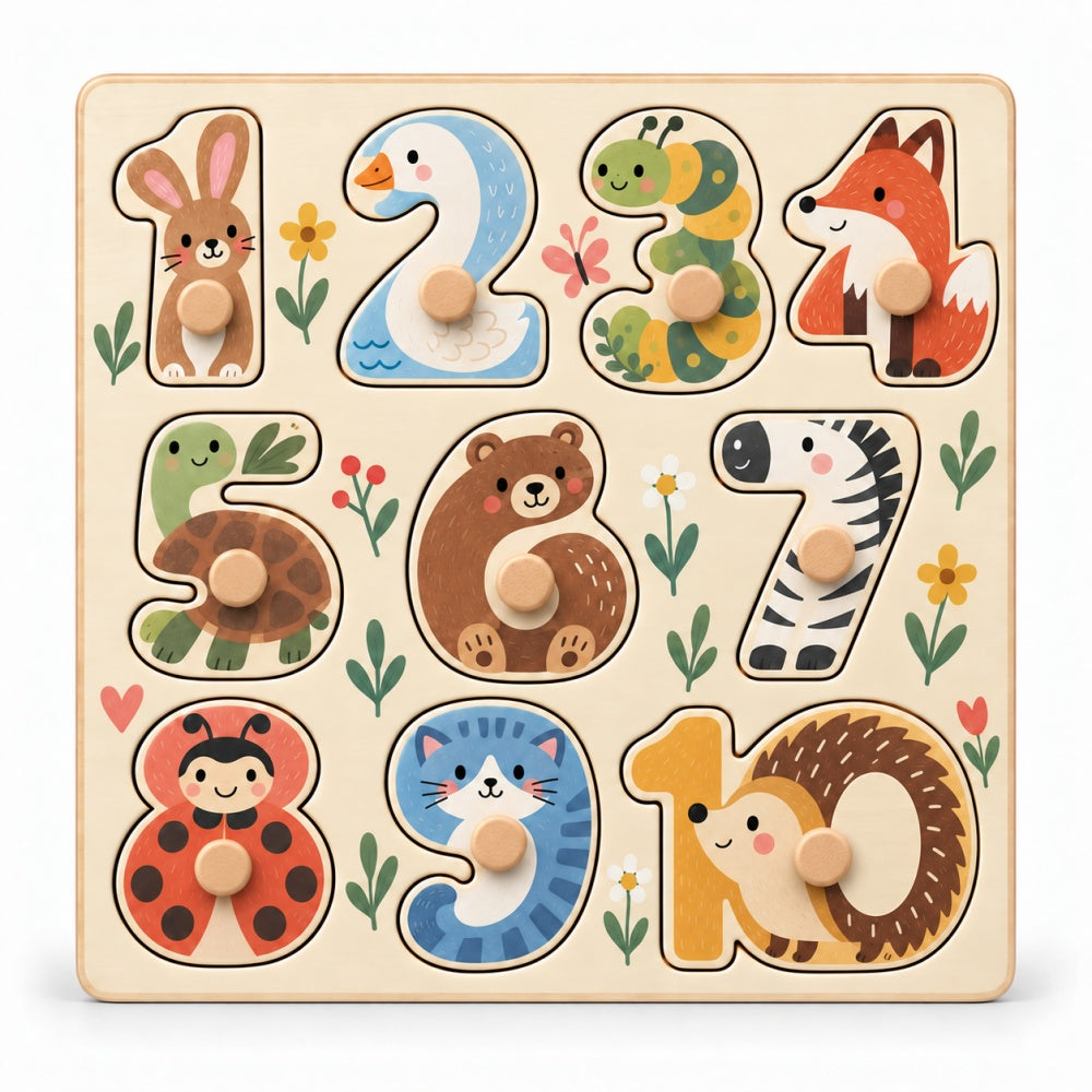 9-Piece Wooden Animal Knob Puzzle – Jungle Animal Matching Toy