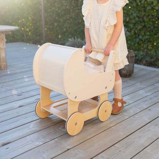 Beige Wooden Doll Pram Stroller