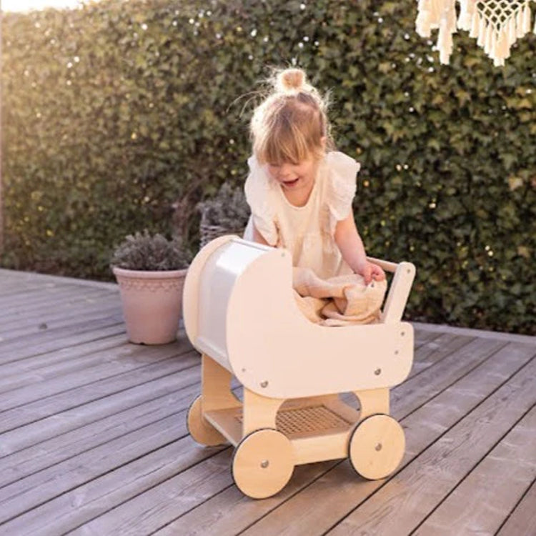 Beige Wooden Doll Pram Stroller