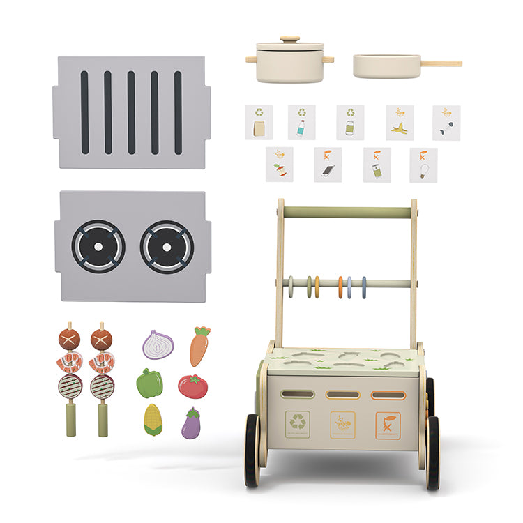 Wholesale Kids Wooden BBQ Grill Shopping Cart Toy, OEM Available