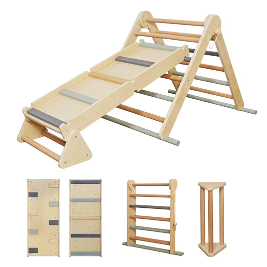 Kids Foldable Climbing Set with Ladder, Triangle Wooden Climbing Toys for Toddlers