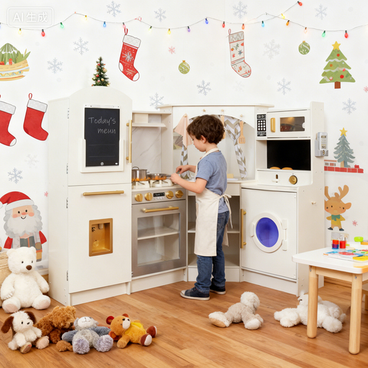 Large White Wooden Corner Play Kitchen Sets with Running Water,Stove with Light&Sounds